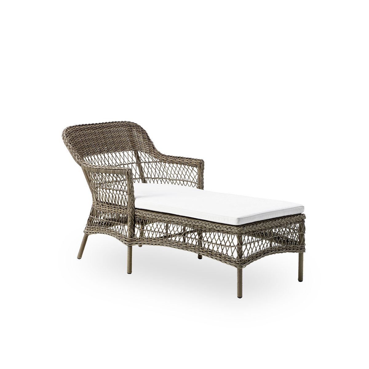 Side view af Olivia udendørs chaiselounge i Antique grey farve. Aluminiumsramme fuldt flettet med ArtFibre. Romantisk look inspireret af britisk kolonistil.