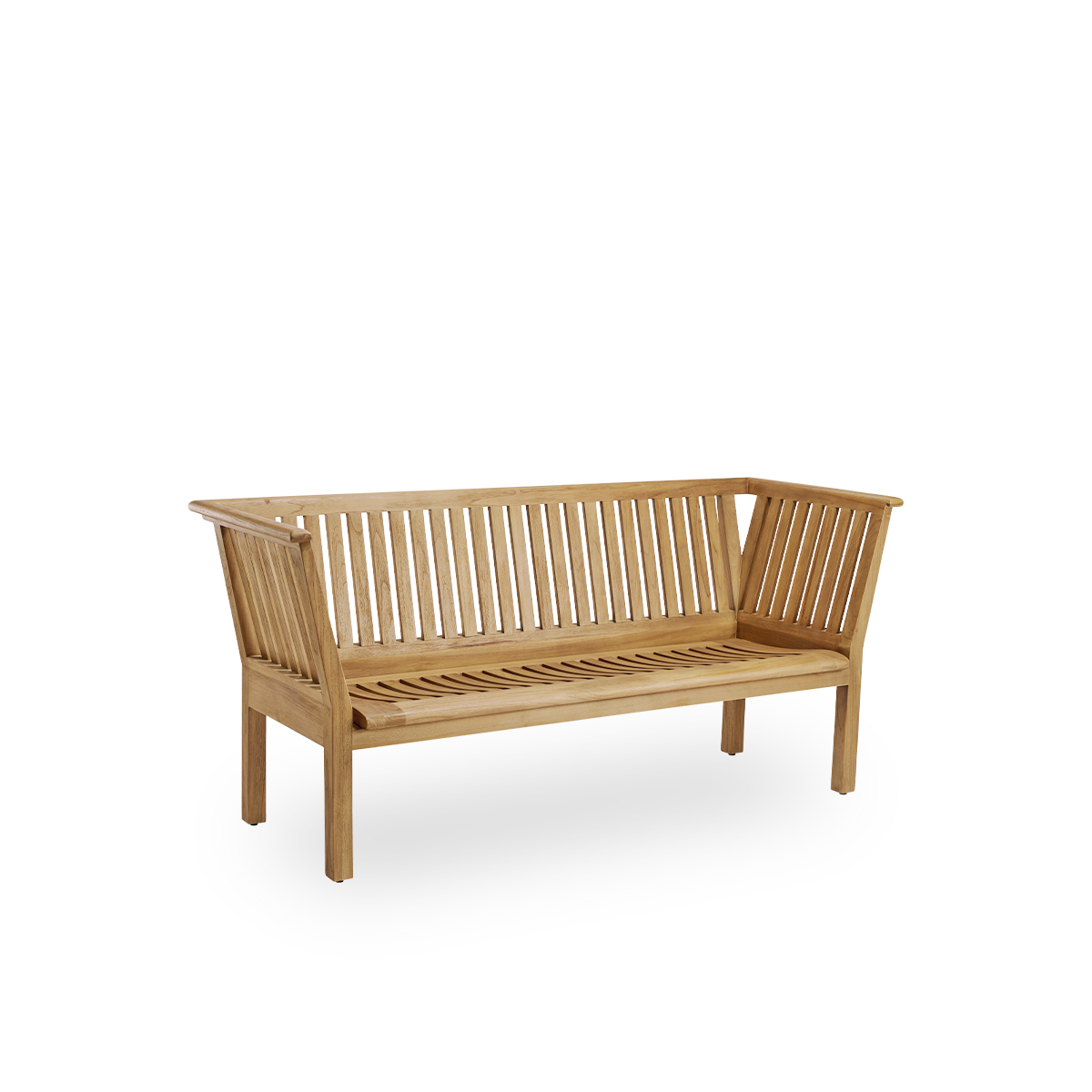 Side view af St Catherine udendørs teakbænk designet af Arne Jacobsen, længde 180 cm. Solid og holdbar bænk håndlavet i kastanjebrun, høj kvalitet Indonesisk teak certificeret som ‘Indonesian Legal Wood’.