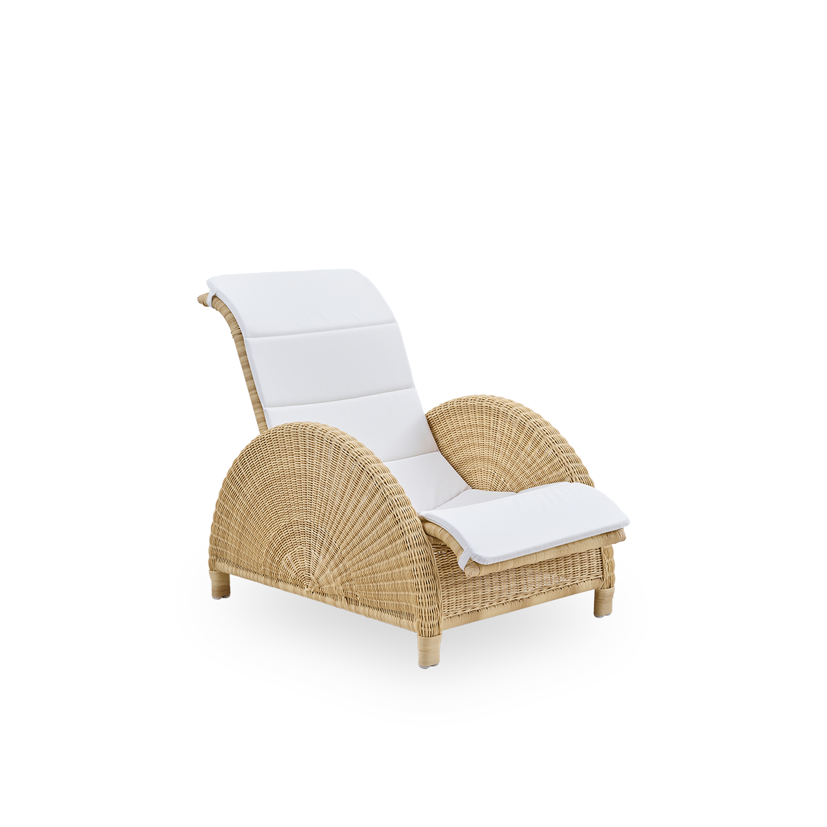 Side view af Paris udendørs loungestol, ikonisk design af Arne Jacobsen. Aluminiumsramme fuldt flettet med ArtFibre.