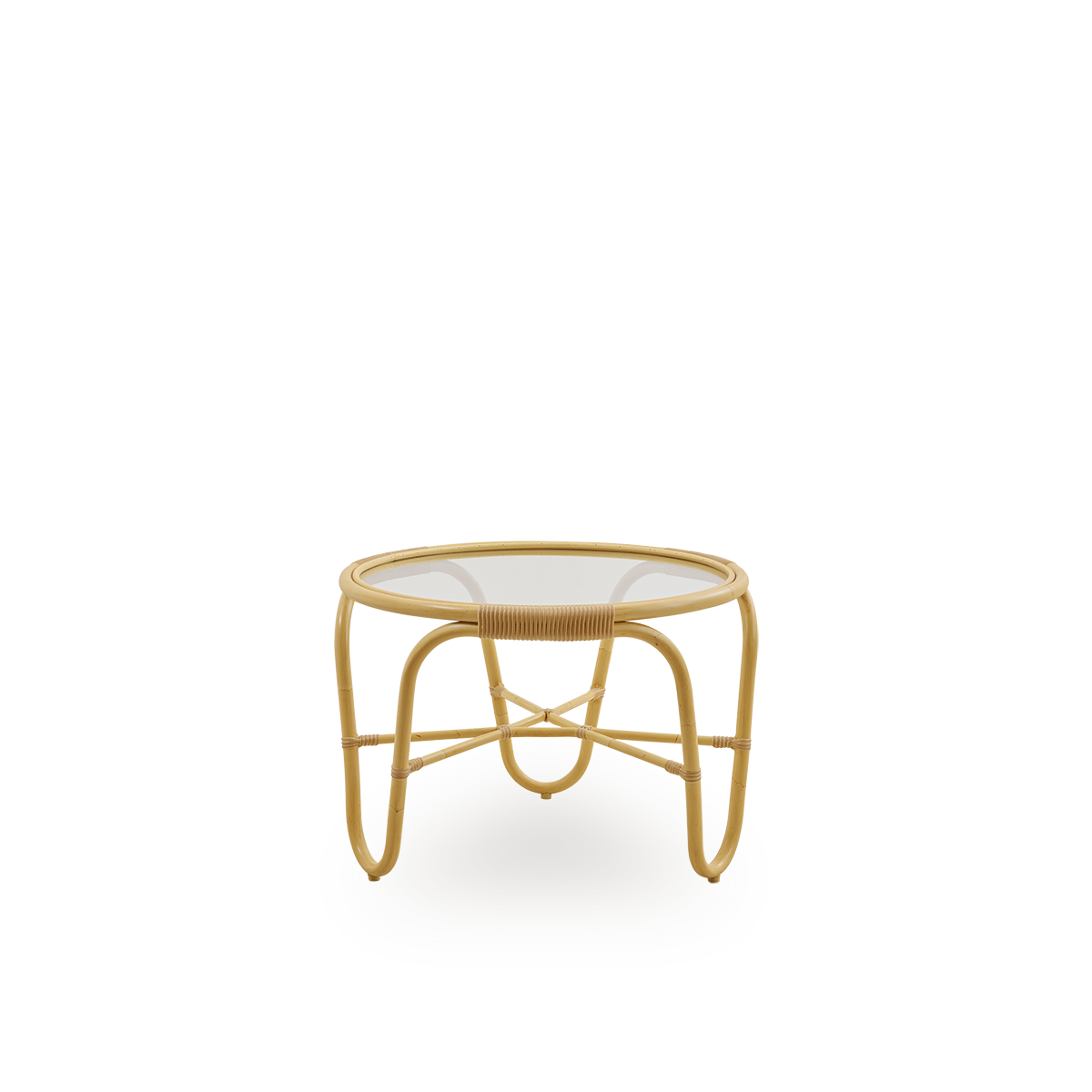 Side view af Charlottenborg sofabord i rattan-look, designet af Arne Jacobsen, et rundt sofabord med integreret glasplade, håndlavet med Alu-Rattan-ramme og flettede ArtFibre-detaljer.