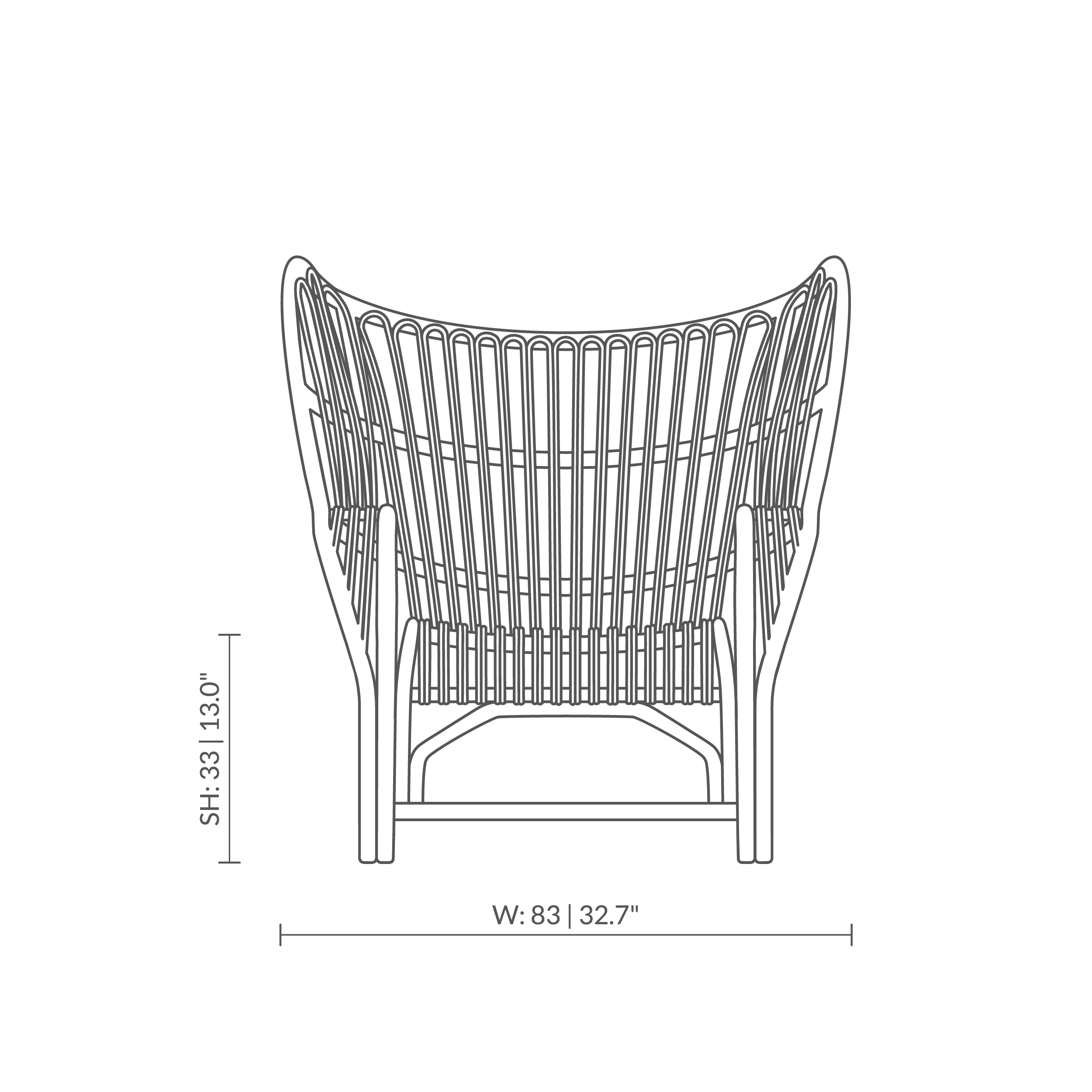 Dette er en måltegning af VB-17 - Teddy Lounge Chair. Teknisk tegning med produktmål.