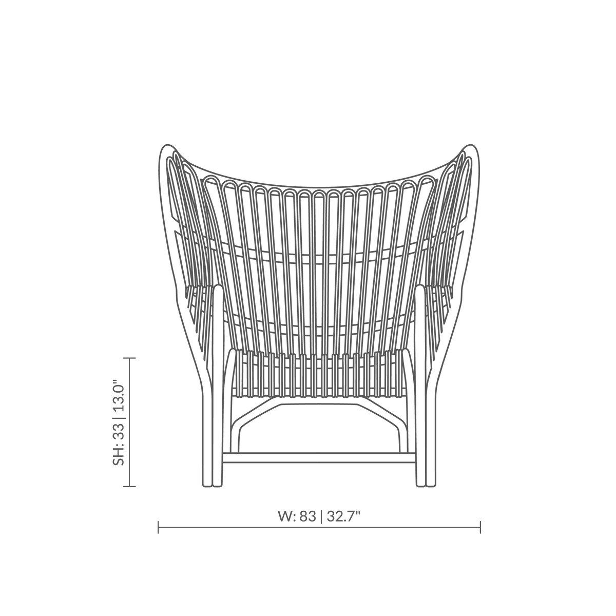 Dette er en måltegning af VB-17 - Teddy Lounge Chair. Teknisk tegning med produktmål.
