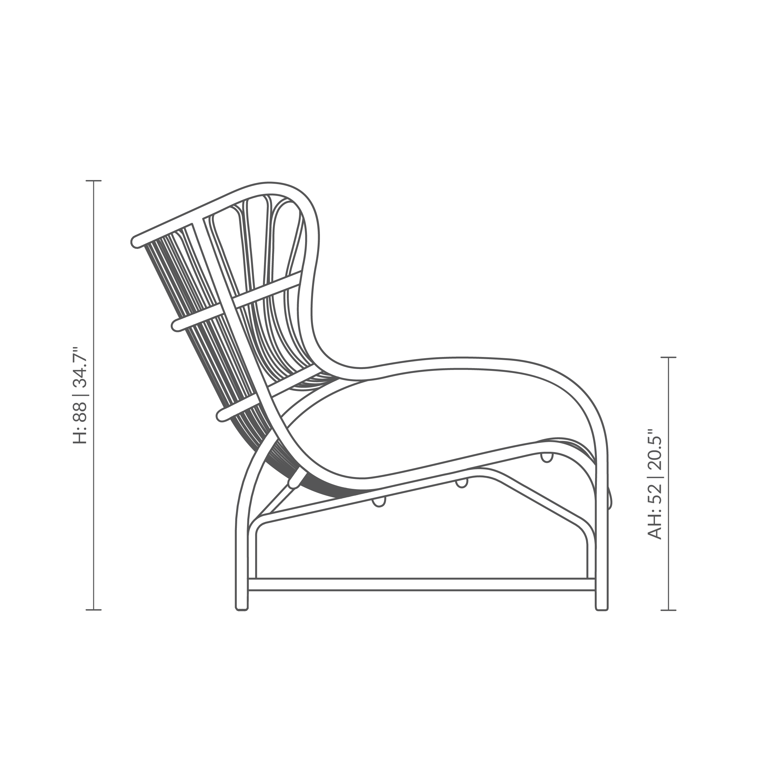 Dette er en måltegning af VB-17 - Teddy Lounge Chair. Teknisk tegning med produktmål.