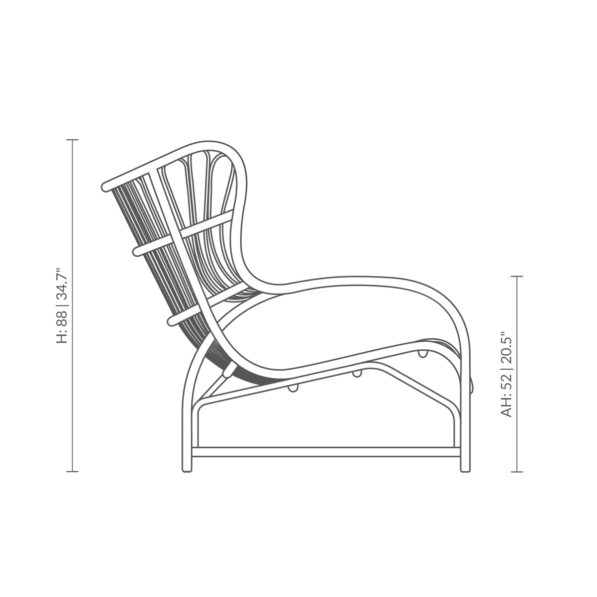 Dette er en måltegning af VB-17 - Teddy Lounge Chair. Teknisk tegning med produktmål.