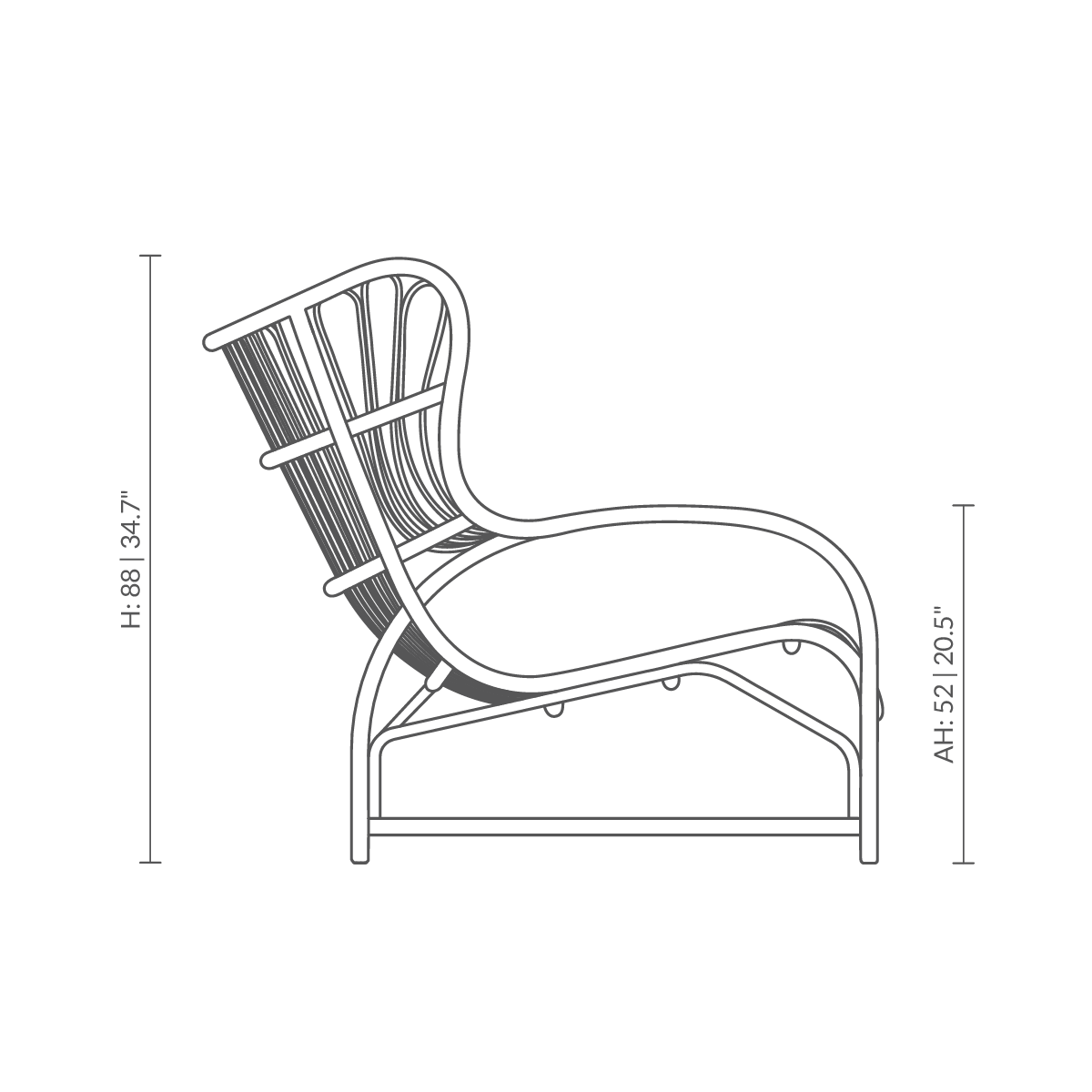 Dette er en måltegning af VB-17 - Teddy Lounge Chair. Teknisk tegning med produktmål.