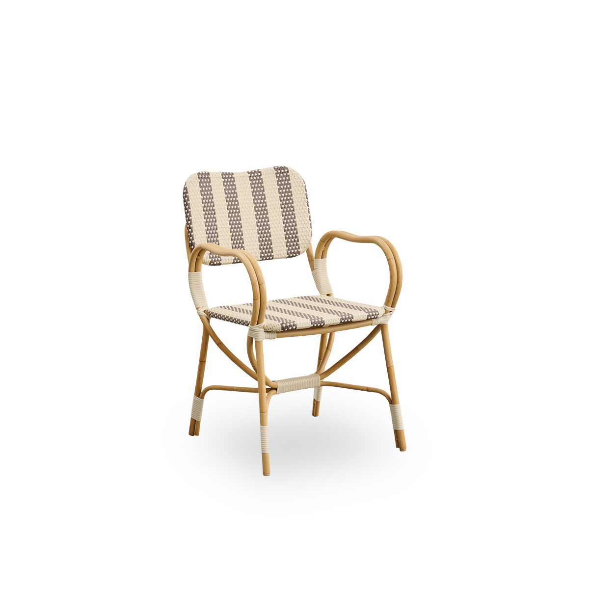 Side view af Bistro udendørsstol, designet af Franco Albini og Franca Helg. Aluminiumsramme i rattan-look med fuldt fletet sæde og ryg i bredstribet mønster i brunt og elfenbensfarvet ArtFibre.