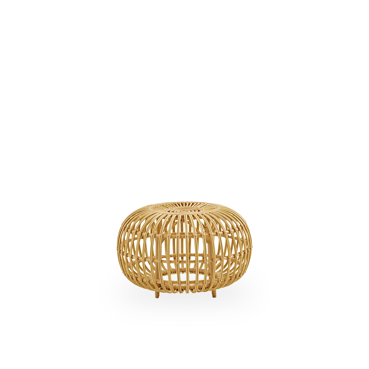 Side view af stor udendørs Ottoman Ø65 cm, designet af Franco Albini & Franca Helg. Rund ottoman lavet med aluminiumsramme i rattan-look med ArtFibre-omviklinger.