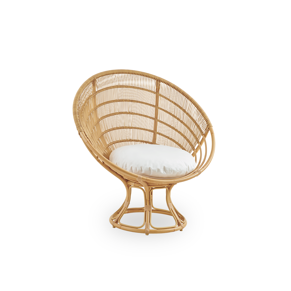 Side view af Luna udendørs loungestol designet af Franco Albini & Franca Helg. Rund udendørs loungestol med aluminiumsramme i håndmalet rattan-look med ArtFibre-omviklinger.
