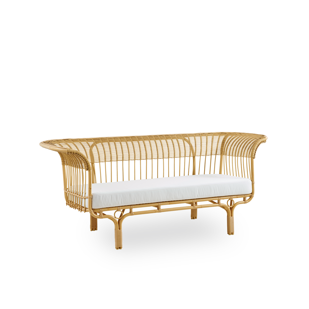 Side view af Belladonna udendørssofa i rattan-look, designet af Franco Albini og Franca Helg. Sofaen har et elegant udtryk med slanke ben og et majestætisk sæde med mange detaljerede ArtFibre-viklinger på en aluminiumsramme.