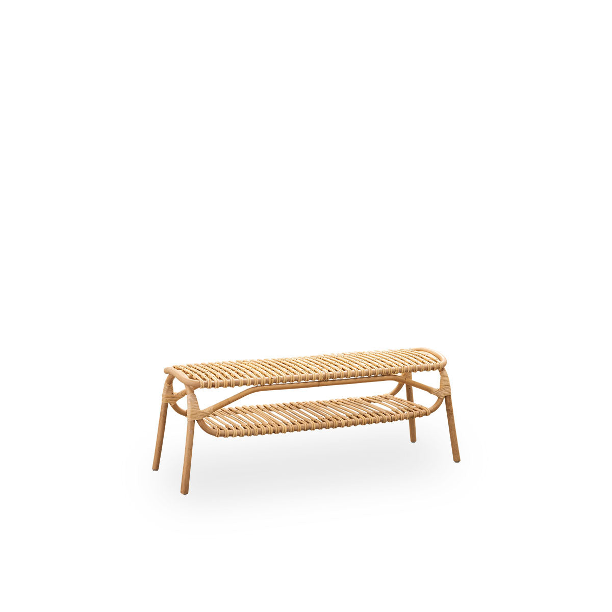 Side view of Machiya bench designed by Jin Kuramoto inspired by traditional Japanese Machiya townhouses. Handcrafted from high-quality Indonesian rattan. Length 120 cm.