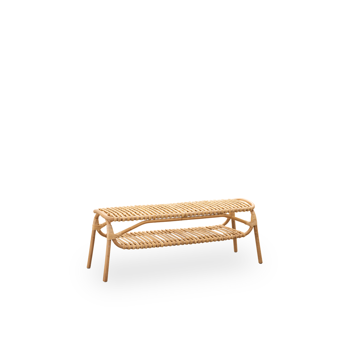 Side view af Machiya bænk designet af Jin Kuramoto, inspireret af traditionelle japanske Machiya byhuse. Håndlavet i højkvalitets indonesisk rattan. Længde 120 cm.