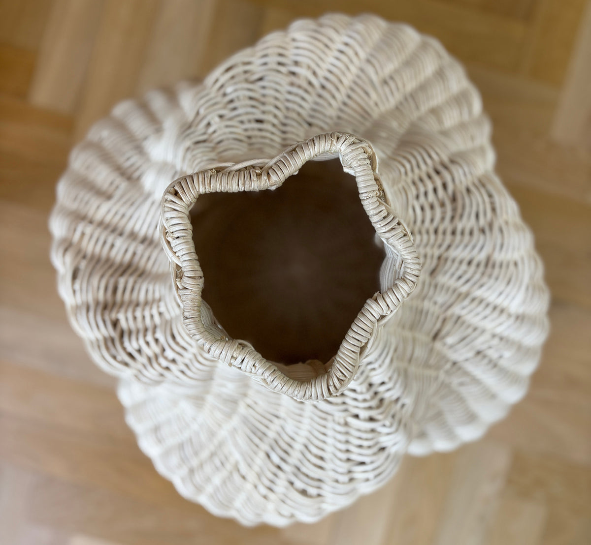 Dette er et livsstilsbillede af Solaris Basket Ø40 cm i natural core weave iron frame. Stylet med tørrede blomster ved en hvid dør på parketgulv.