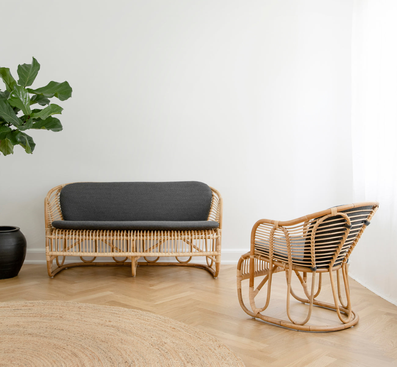 Dette er et livsstilsbillede af Swing Sofa i polished natural rattan. Placeret på et tæppe ved siden af en fiddle-leaf plante på parketgulv.