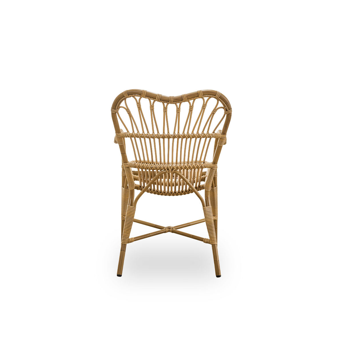 Plain back view of Margret outdoor dining chair with high wide backrest and curved armrests. Aluminium frame in Antique brown rattan look with ArtFibre windings.