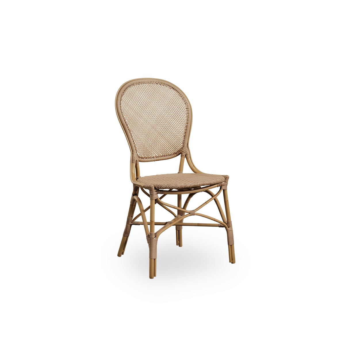 Side view af Rossini udendørs spisestol i Antique farve. Elegant stol med rund ryg i simpelt design. Aluminiumsramme i rattan-look med flettet ArtFibre-sæde og ryg.