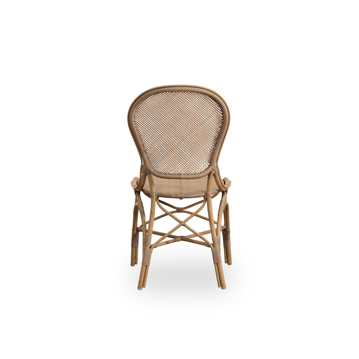 Bagfra vinkel af Rossini udendørs spisebordsstol i farven Antique. Elegant stol med rund ryg i et enkelt design. Aluminiumsramme i rattan-look med flettet sæde og ryglæn i ArtFibre.