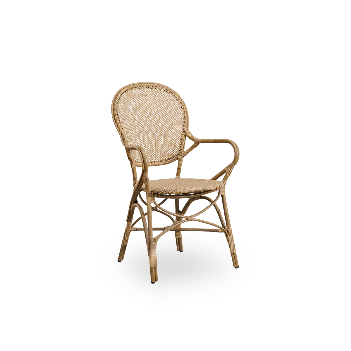 Side view af Rossini udendørs spisestol med armlæn i Antique farve. Elegant stol med rund ryg og armlæn i simpelt design. Aluminiumsramme i rattan-look med flettet ArtFibre-sæde og ryg.