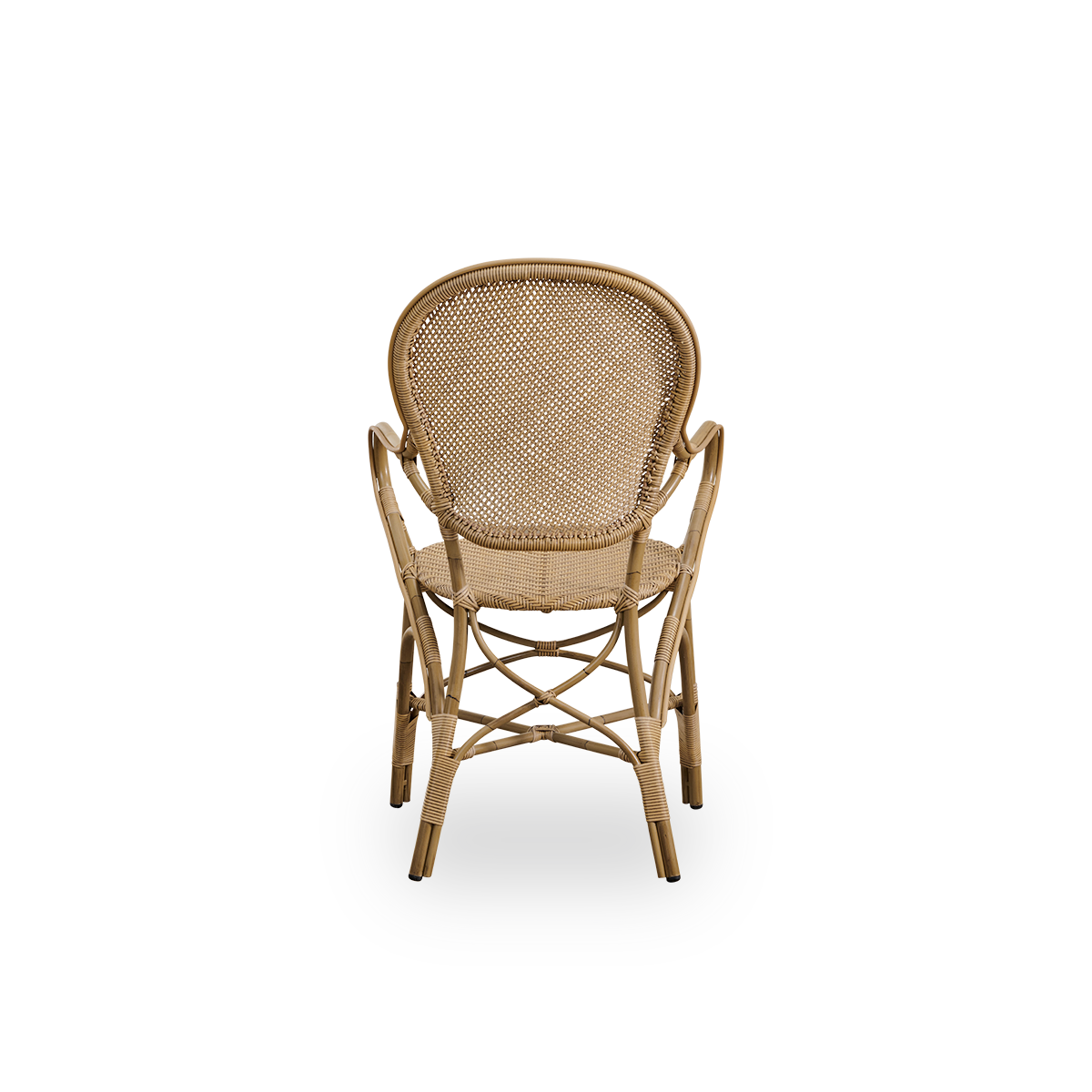 Bagfra vinkel af Rossini udendørs spisestol med armlæn i farven antik. Elegant stol med rund ryg og armlæn i et enkelt design. Aluminiumsramme i rattanlook med flettet sæde og ryglæn i ArtFibre.