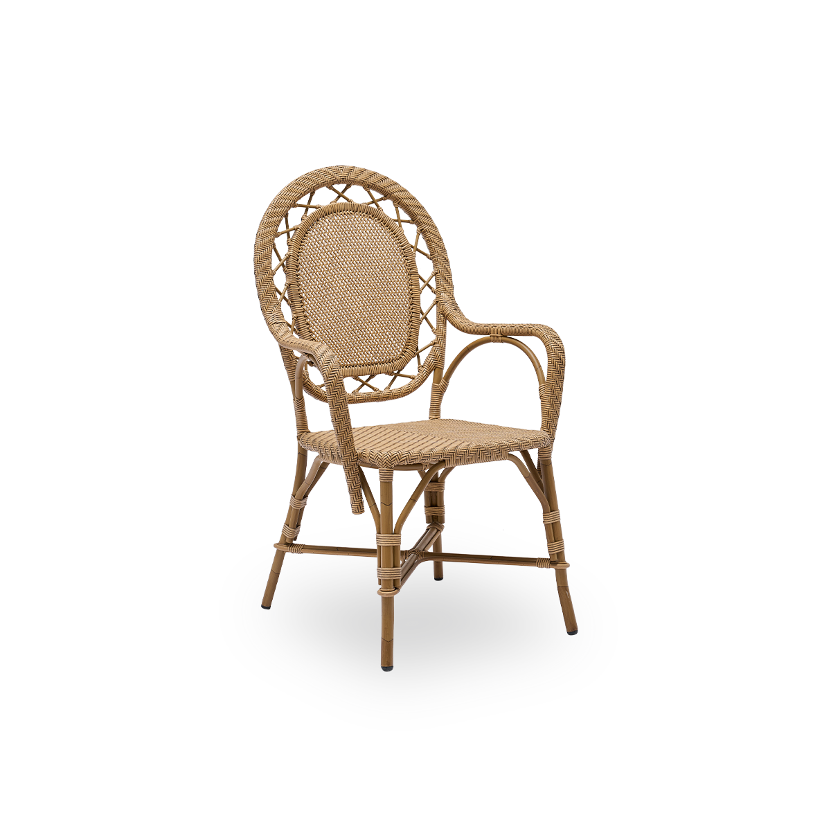 Side view af Romantica udendørs spisestol i Antique brown farve. Elegant, romantisk spisestol med rund ryg og fuldt flettet sæde i charmerende dansk design. Aluminiumsramme i rattan-look med ArtFibre-omviklinger.