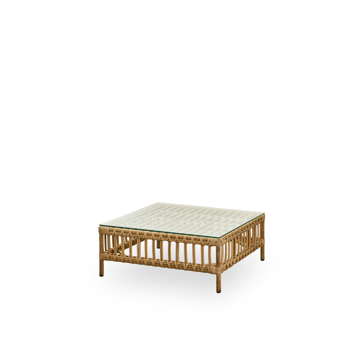 Side view af Maggie udendørs sofa puf-modul i Antique brown farve præsenteret med glasplade til brug som sidebord. Aluminiumsramme i håndmalet rattan-look med ArtFibre-omviklinger.