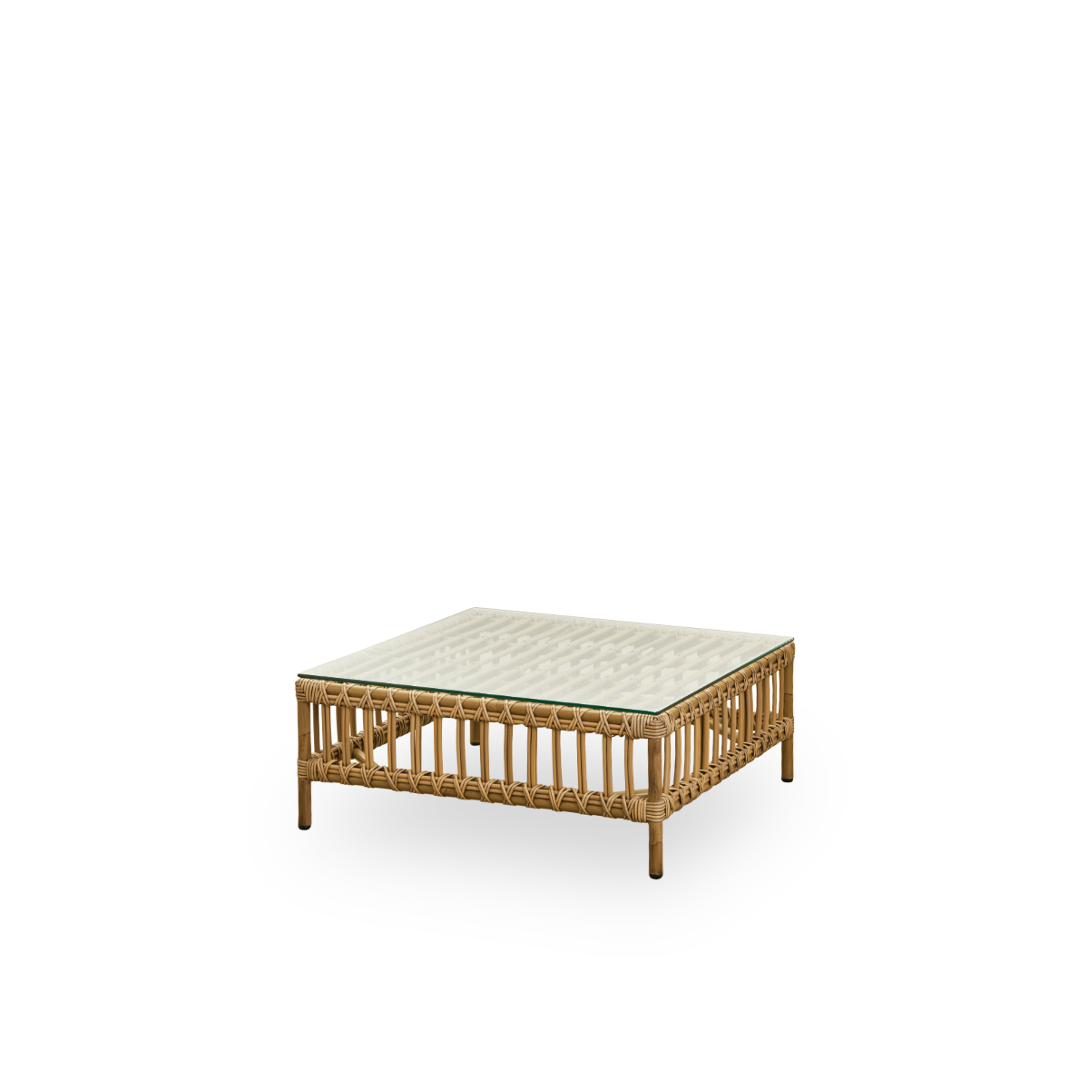 Side view af Maggie udendørs sofa puf-modul i Antique brown farve præsenteret med glasplade til brug som sidebord. Aluminiumsramme i håndmalet rattan-look med ArtFibre-omviklinger.