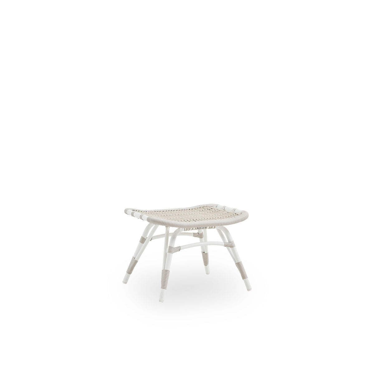 Side view of Monet outdoor footstool in Dove White color. Aluminium frame with ArtFibre windings.