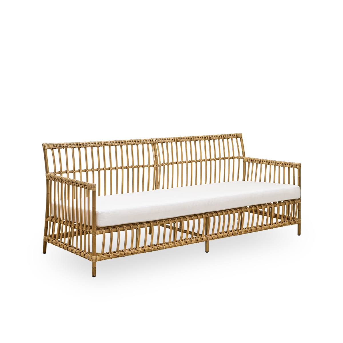 Side view af Caroline udendørs 3-personers sofa i farven Antique, med enkelt og elegant dansk design. Aluminiumsramme i rattan-look med ArtFibre-fletninger.