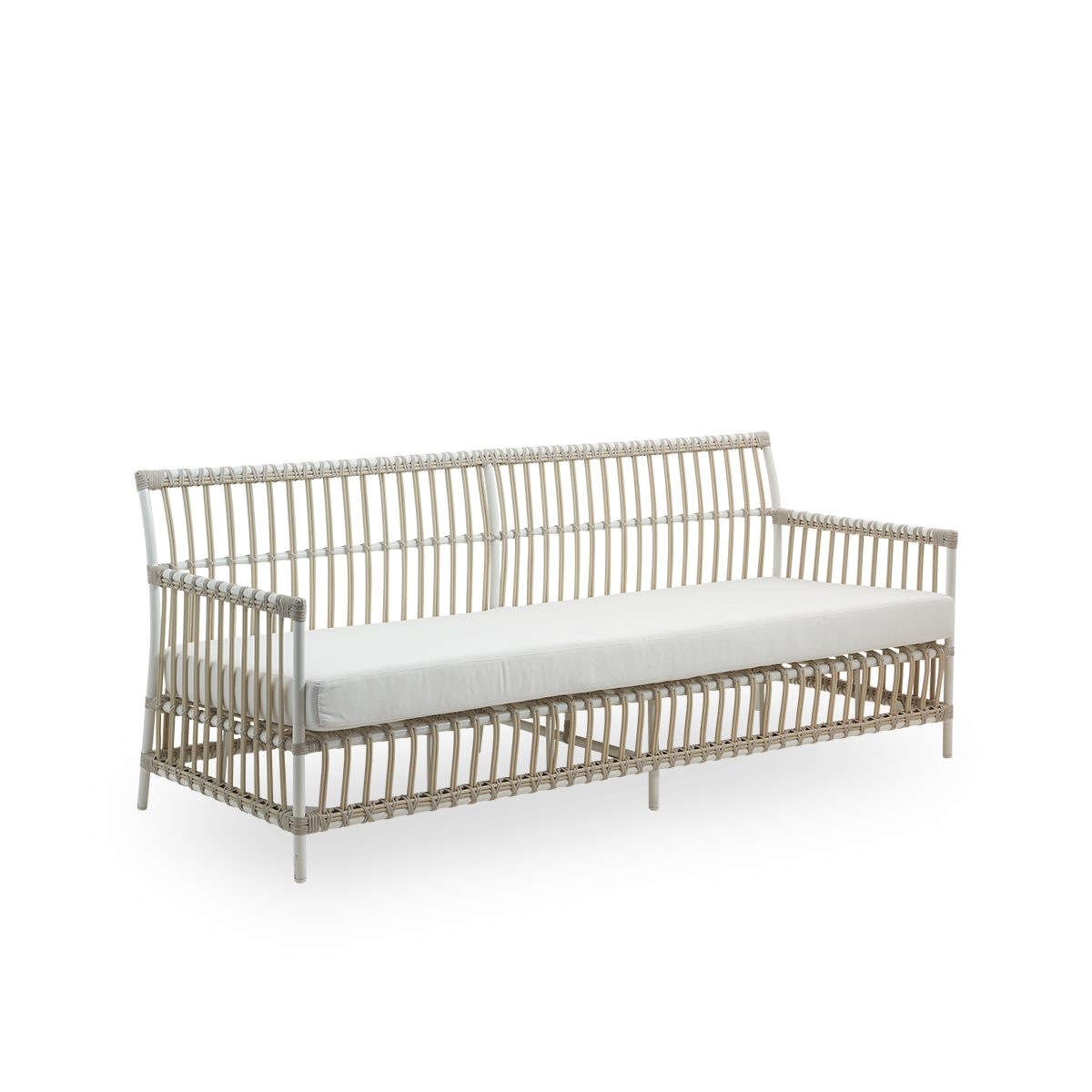 Side view of Caroline outdoor 3-seater sofa in dove white color, simple and elegant Danish design. Aluminium frame with ArtFibre bindings.