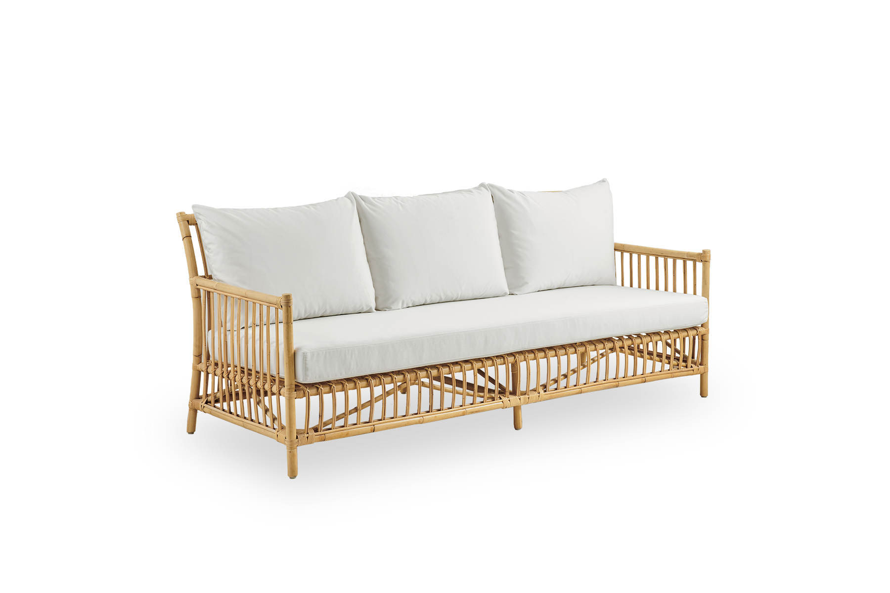 Side view af Caroline udendørs 3-personers sofa i farven Natural, med enkelt og elegant dansk design. Aluminiumsramme i rattan-look med ArtFibre-fletninger.