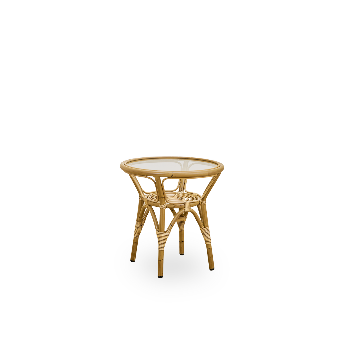 Side view af Tony udendørs sidebord med 8 mm hærdet glasbordplade fastgjort inde i bordrammen. Aluminiumsramme i Antique rattan-look med ArtFibre-omviklinger.