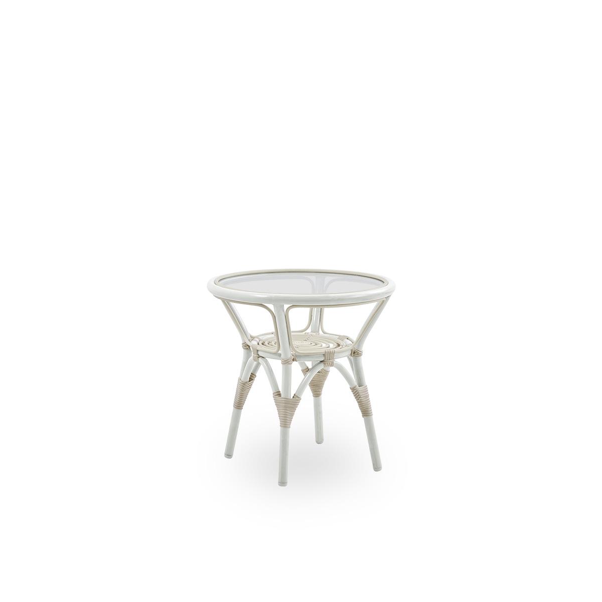 Side view af Tony udendørs sidebord med 8 mm hærdet glasbordplade fastgjort inde i bordrammen. Aluminiumsramme i hvid farve med ArtFibre-omviklinger.