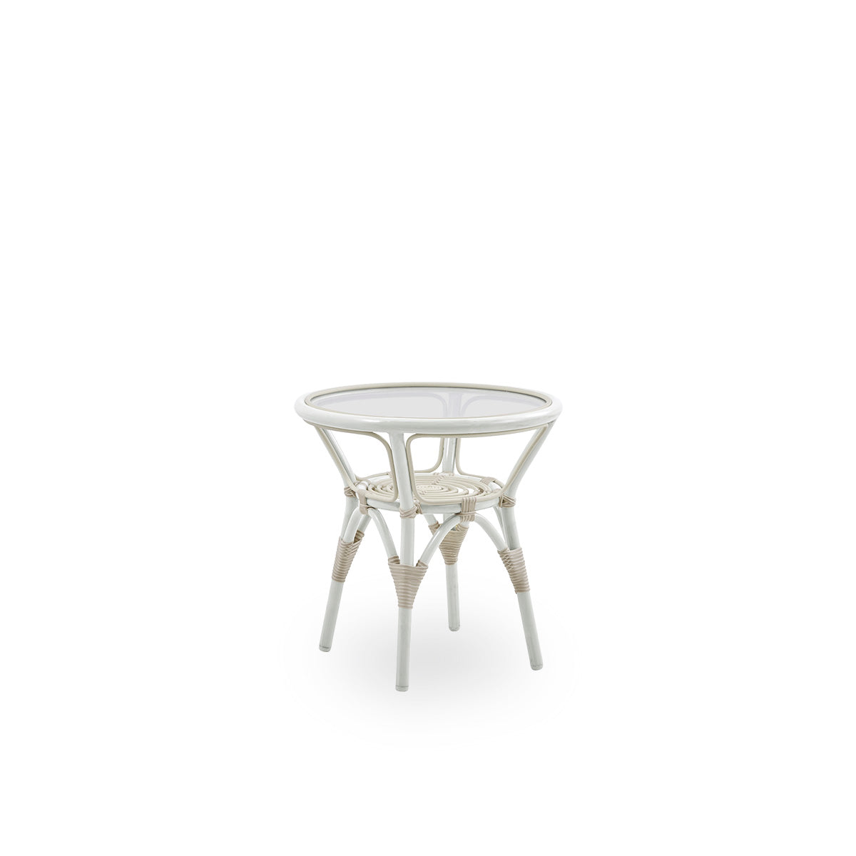 Side view af Tony udendørs sidebord med 8 mm hærdet glasbordplade fastgjort inde i bordrammen. Aluminiumsramme i hvid farve med ArtFibre-omviklinger.