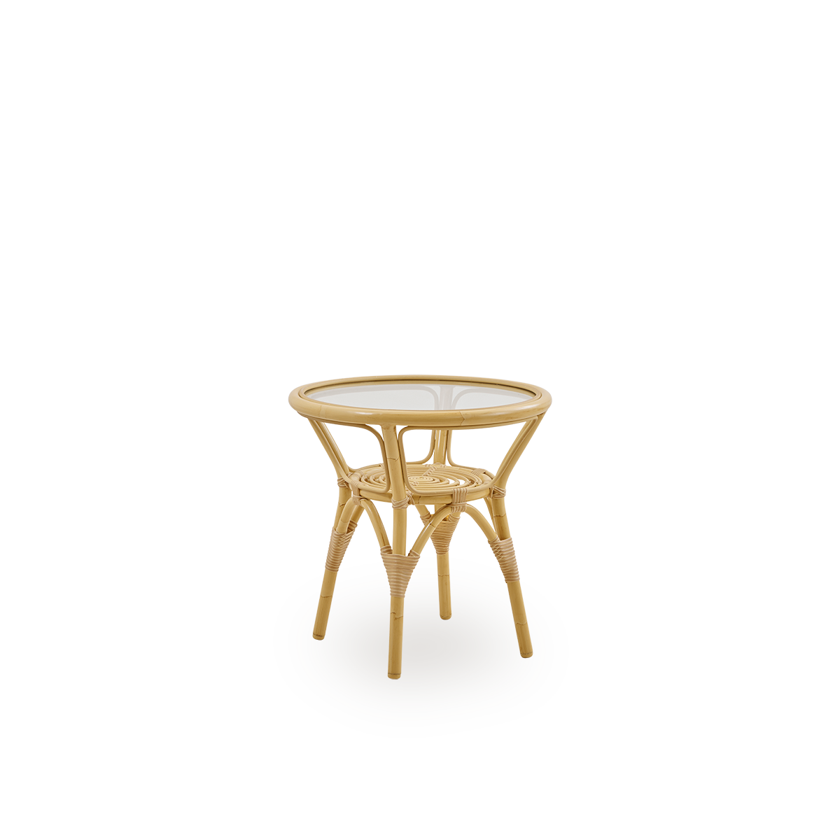 Side view af Tony udendørs sidebord med 8 mm hærdet glasbordplade fastgjort inde i bordrammen. Aluminiumsramme i rattan-look med ArtFibre-omviklinger.