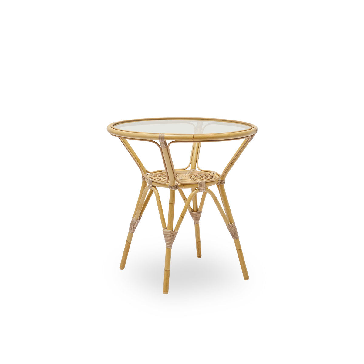 Side view af Tony udendørs cafébord med 8 mm hærdet glasbordplade fastgjort inde i bordrammen. Aluminiumsramme i rattan-look med ArtFibre-omviklinger.