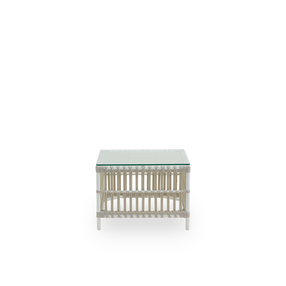 Side view of The Caroline Exterior side table in dove white. This is a small, elegant outdoor side table that offers unique strength and durability. The frame of the side table is made from aluminum with elegant ArtFibre details.