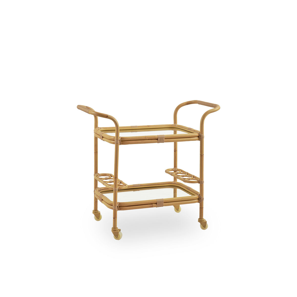 Side view af Carlo udendørs barvogn, en dekorativ og praktisk vogn til udendørs brug. Vognen har en aluminiumsramme i håndmalet rattan-look med håndlavede ArtFibre-detaljer, hvilket gør den til et hyggeligt supplement til udendørsområder.