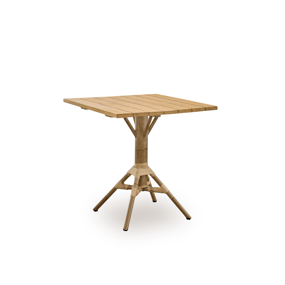 Side view af Nicole udendørs cafébord, inspireret af fransk caféstil. Pulverlakeret aluminiumsfod i Antique rattan-look med ArtFibre-omviklinger, med rund teakbordplade i kastanjebrun farve, Ø80 cm.